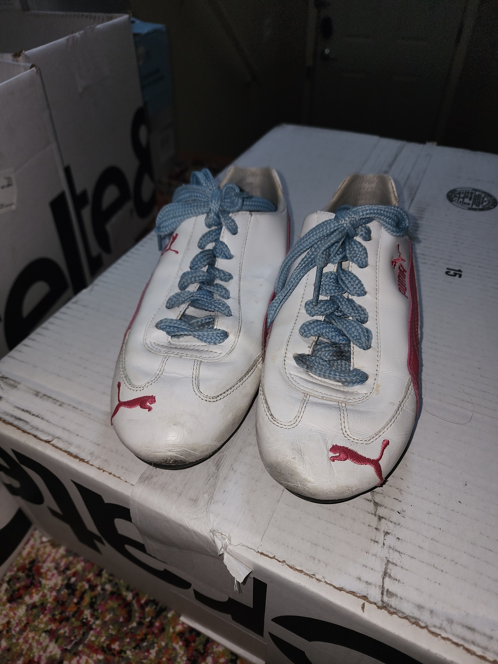 Puma White Sneakers with Pink Accents and Blue Laces